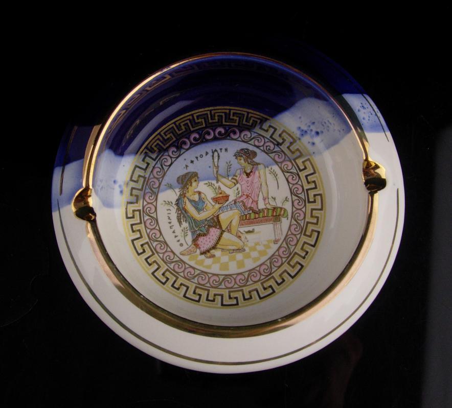 Vintage Victorian Tray - Greek key design - 24kt gold - UNUSUAL blue color - greek goddess art - Made in Greece - trinket tray