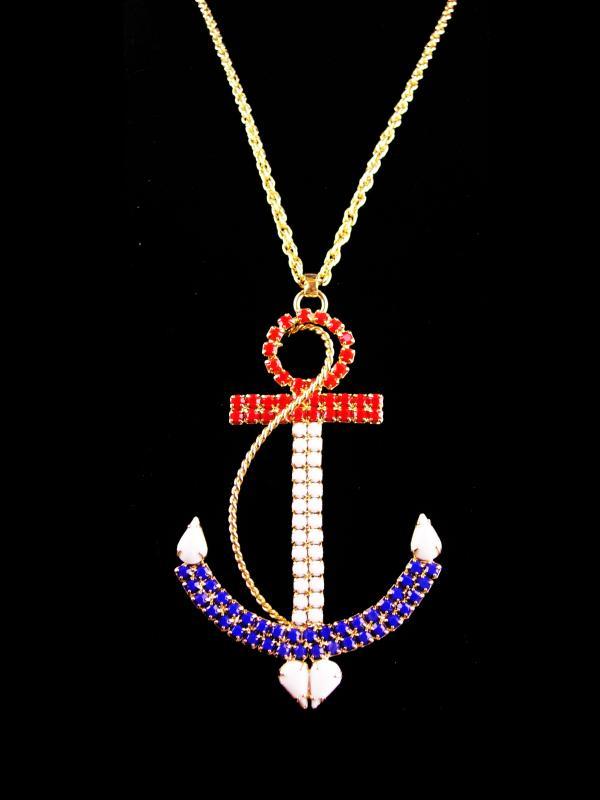 HUGE Navy Anchor necklace - LARGE Vintage rhinestone anchor - Military pendant - Red White Blue Patriotic gift - sweetheart nautical jewelry