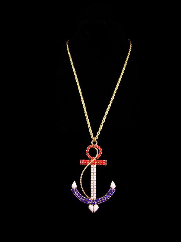 HUGE Navy Anchor necklace - LARGE Vintage rhinestone anchor - Military pendant - Red White Blue Patriotic gift - sweetheart nautical jewelry