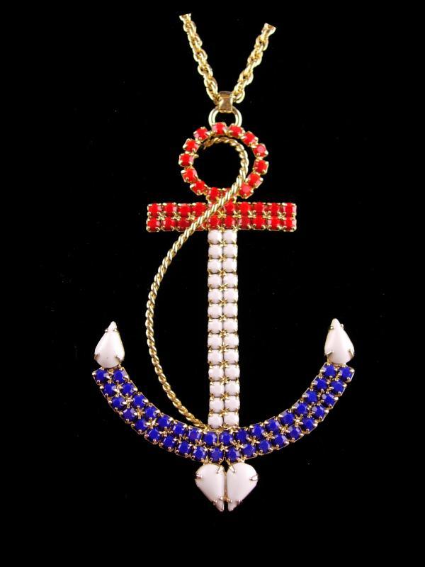 HUGE Navy Anchor necklace - LARGE Vintage rhinestone anchor - Military pendant - Red White Blue Patriotic gift - sweetheart nautical jewelry