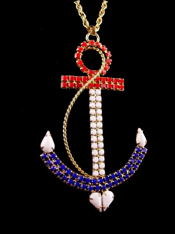 HUGE Navy Anchor necklace - LARGE Vintage rhinestone anchor - Military pendant - Red White Blue Patriotic gift - sweetheart nautical jewelry