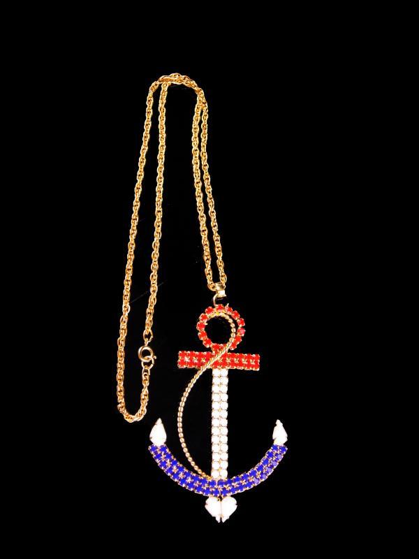 HUGE Navy Anchor necklace - LARGE Vintage rhinestone anchor - Military pendant - Red White Blue Patriotic gift - sweetheart nautical jewelry