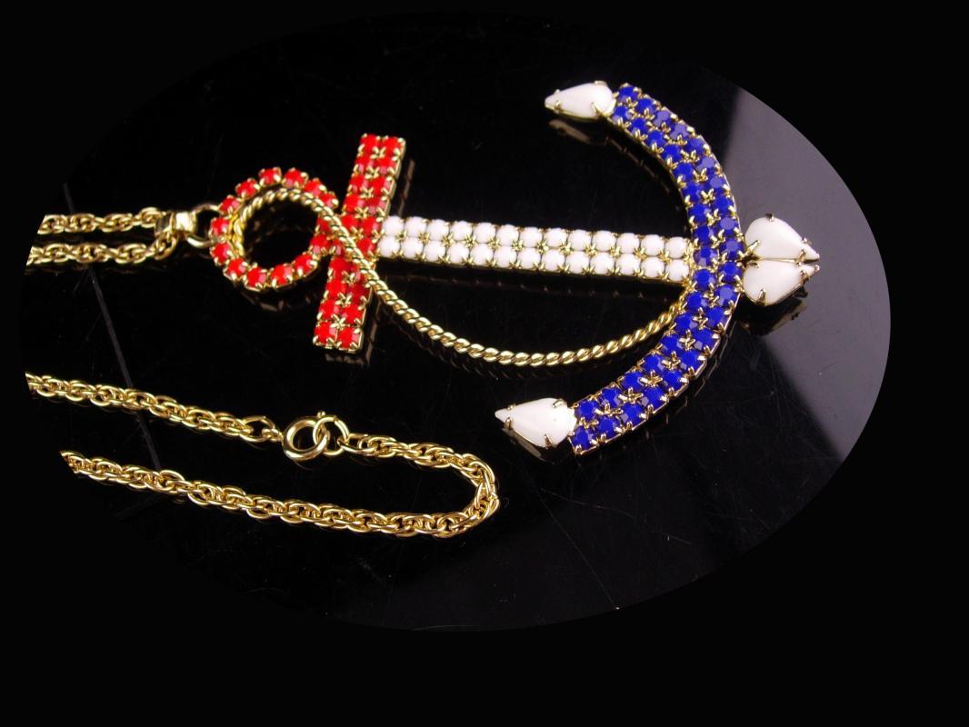 HUGE Navy Anchor necklace - LARGE Vintage rhinestone anchor - Military pendant - Red White Blue Patriotic gift - sweetheart nautical jewelry