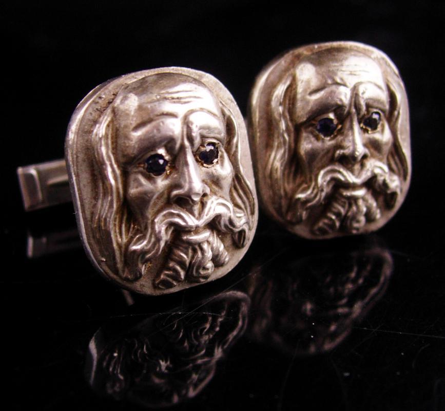 RARE sterling cufflinks - Plato - sapphire eyes - scholar - philosopher - Vintage philosophy Figural Head - silver cufflink -graduation gift