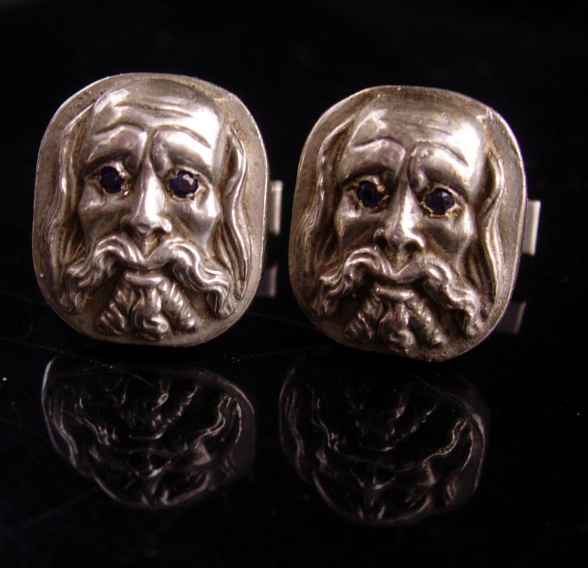 RARE sterling cufflinks - Plato - sapphire eyes - scholar - philosopher - Vintage philosophy Figural Head - silver cufflink -graduation gift