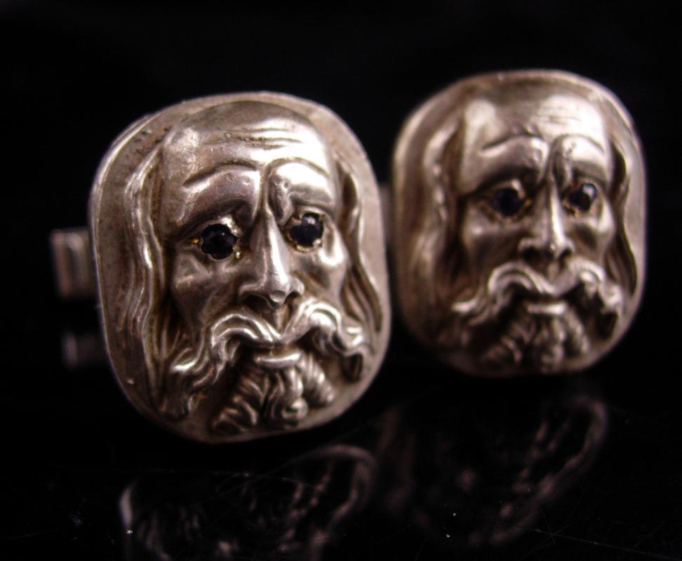 RARE sterling cufflinks - Plato - sapphire eyes - scholar - philosopher - Vintage philosophy Figural Head - silver cufflink -graduation gift