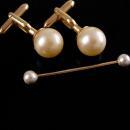 Vintage Pearl Cufflinks - swank pearl collar bar - Gold tuxedo set - barbell collar bar - wedding jewelry