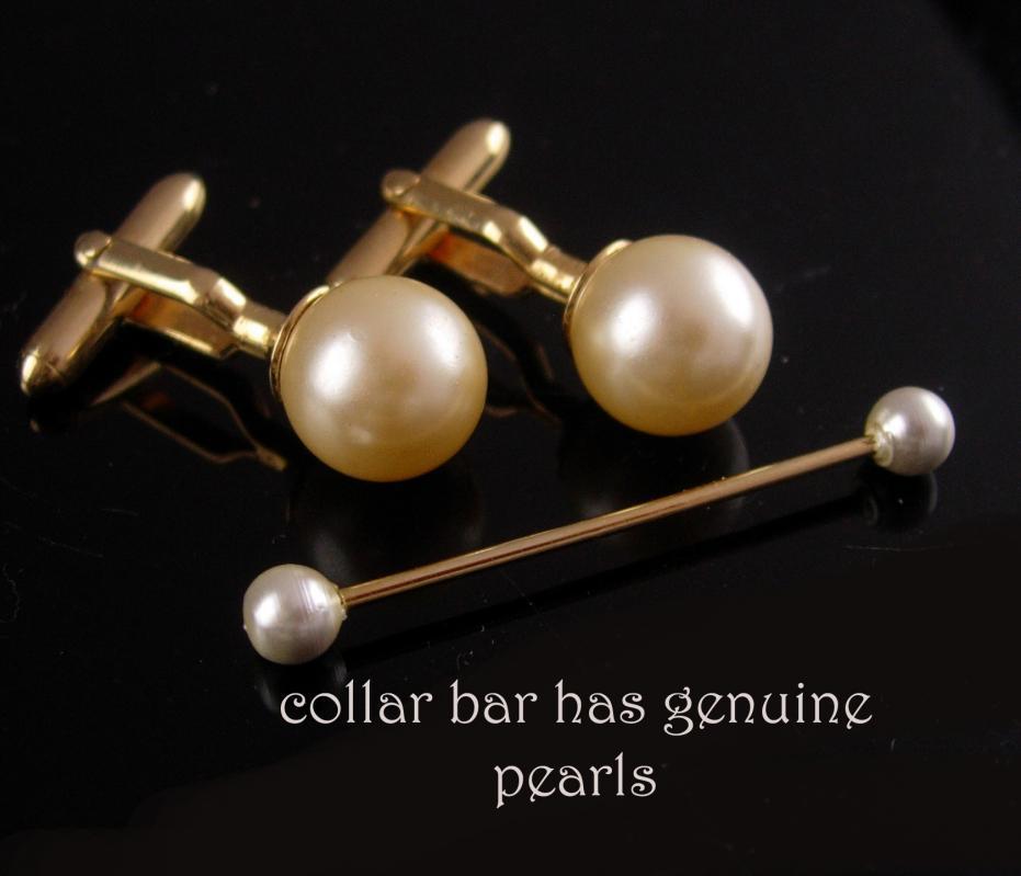 Vintage Pearl Cufflinks - swank pearl collar bar - Gold tuxedo set - barbell collar bar - wedding jewelry