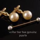 Vintage Pearl Cufflinks - swank pearl collar bar - Gold tuxedo set - barbell collar bar - wedding jewelry