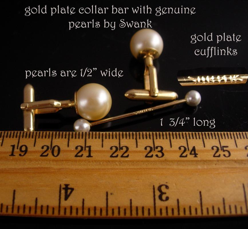 Vintage Pearl Cufflinks - swank pearl collar bar - Gold tuxedo set - barbell collar bar - wedding jewelry