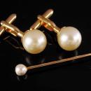 Vintage Pearl Cufflinks - swank pearl collar bar - Gold tuxedo set - barbell collar bar - wedding jewelry