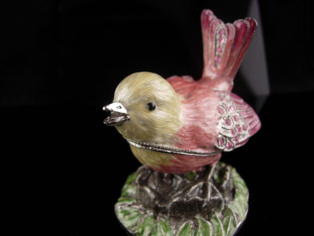 Enamel Bird Box - pink rhinestone trinket box - ring case - jewellery box - hinged bird box