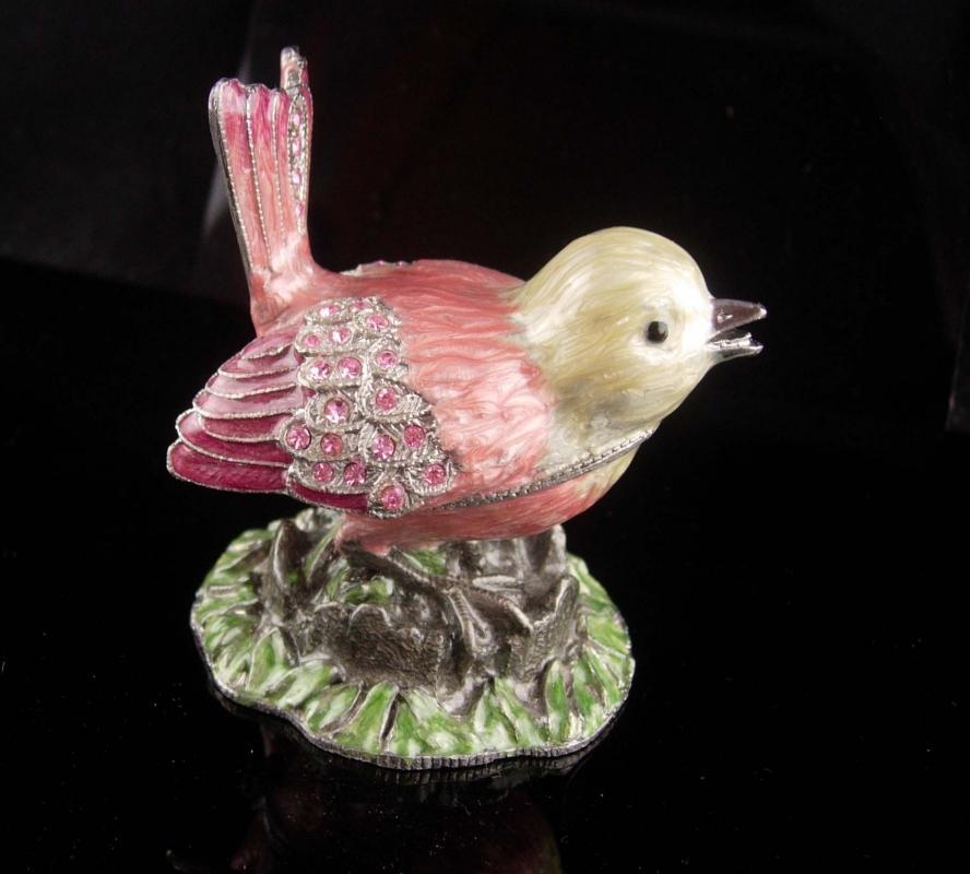 Enamel Bird Box - pink rhinestone trinket box - ring case - jewellery box - hinged bird box