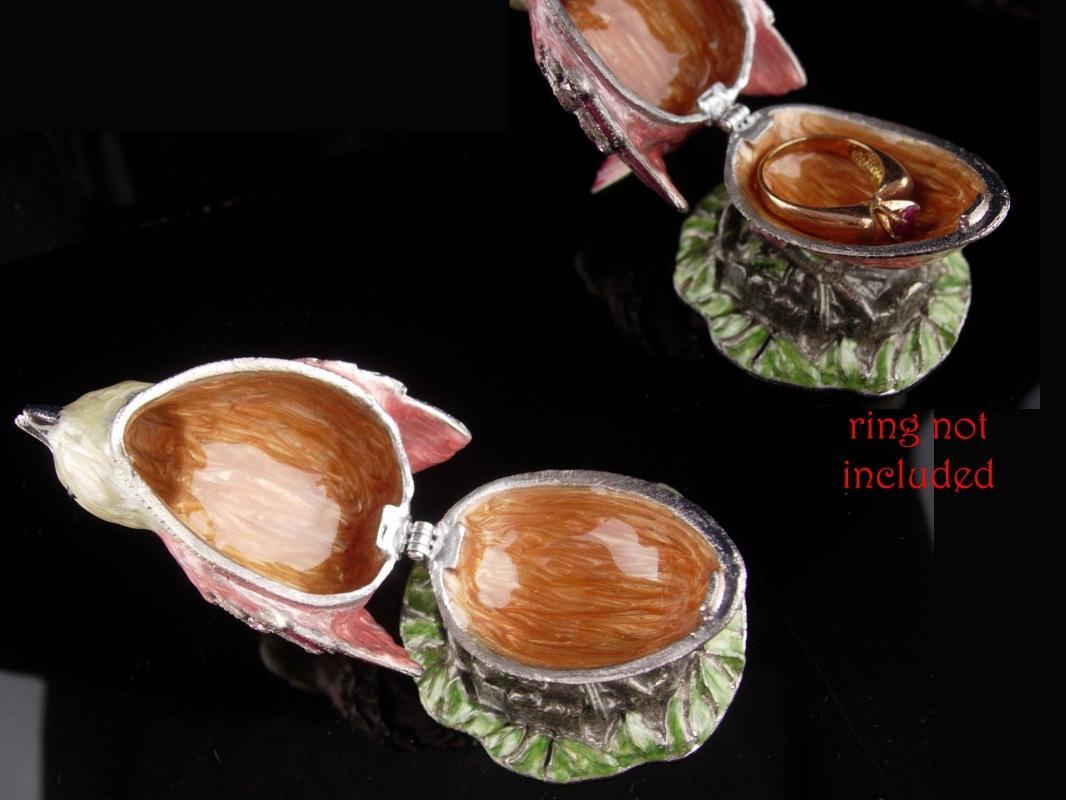 Enamel Bird Box - pink rhinestone trinket box - ring case - jewellery box - hinged bird box