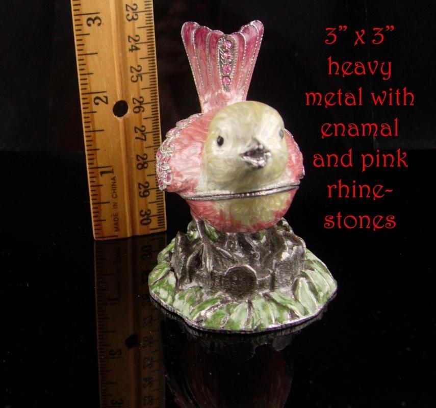 Enamel Bird Box - pink rhinestone trinket box - ring case - jewellery box - hinged bird box