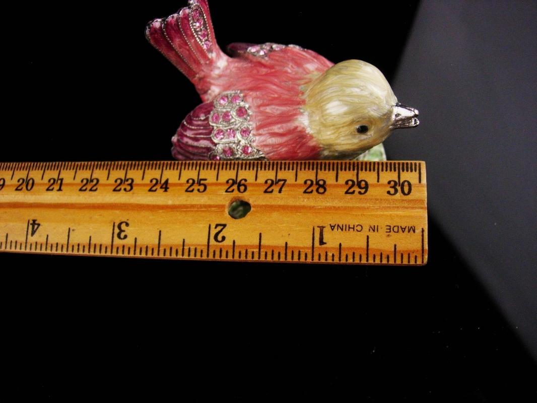 Enamel Bird Box - pink rhinestone trinket box - ring case - jewellery box - hinged bird box
