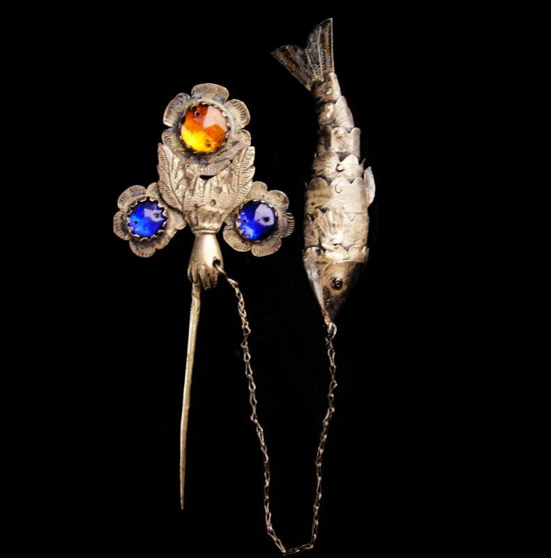 Antique Chinese Stickpin -victorian hand - jointed good luck fish charm - lapel fob pin - Vintage  hair pin -estate jewelry
