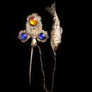Antique Chinese Stickpin -victorian hand - jointed good luck fish charm - lapel fob pin - Vintage  hair pin -estate jewelry
