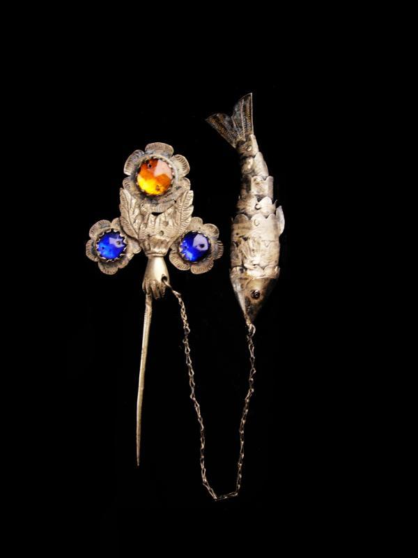 Antique Chinese Stickpin -victorian hand - jointed good luck fish charm - lapel fob pin - Vintage  hair pin -estate jewelry