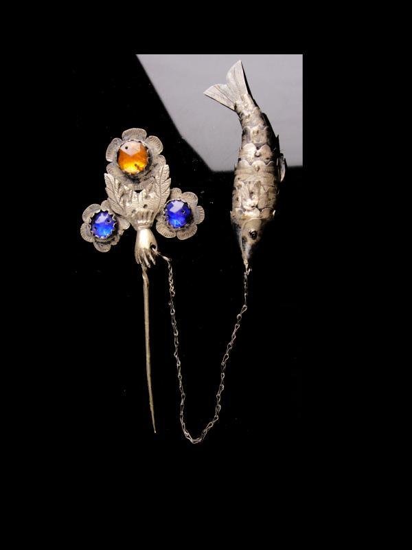 Antique Chinese Stickpin -victorian hand - jointed good luck fish charm - lapel fob pin - Vintage  hair pin -estate jewelry