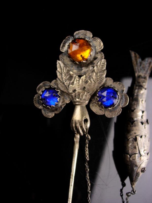 Antique Chinese Stickpin -victorian hand - jointed good luck fish charm - lapel fob pin - Vintage  hair pin -estate jewelry