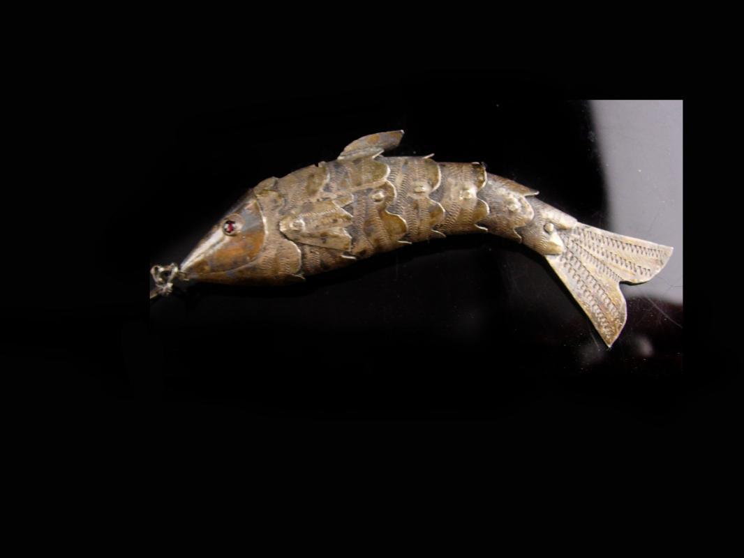 Antique Chinese Stickpin -victorian hand - jointed good luck fish charm - lapel fob pin - Vintage  hair pin -estate jewelry