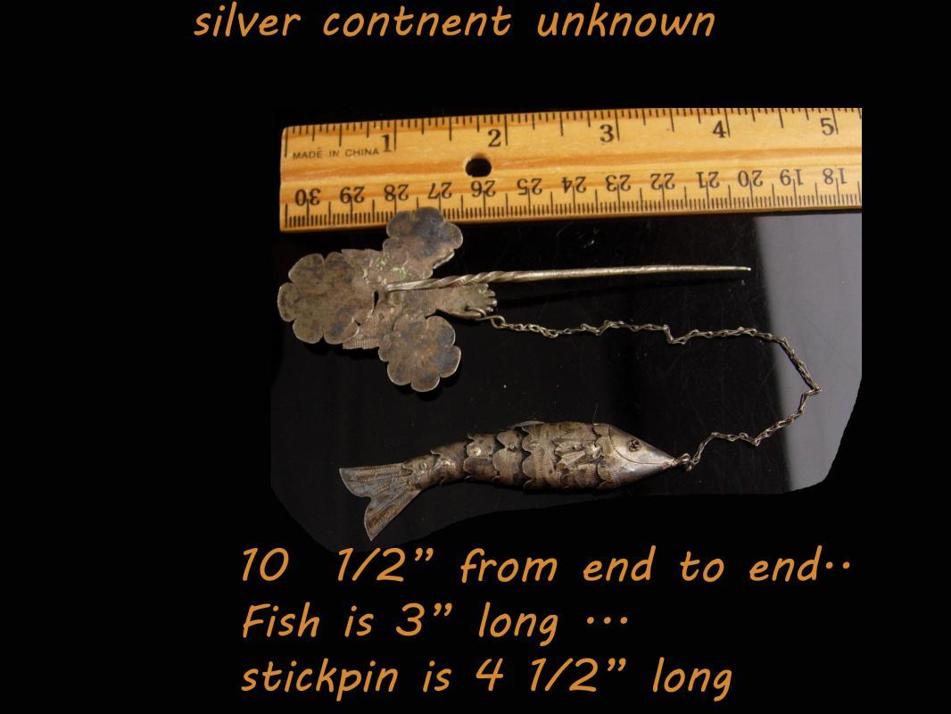 Antique Chinese Stickpin -victorian hand - jointed good luck fish charm - lapel fob pin - Vintage  hair pin -estate jewelry