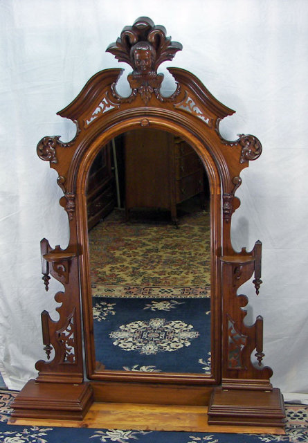 Ornate Carved Walnut Dresser Mirror with Boxes, & a Detailed Carved Ladies Head. 