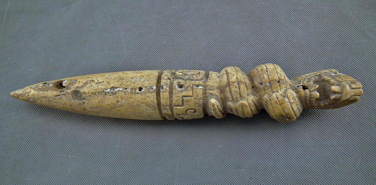 Antique Pre-Columbian Mesoamerican Aztec Stone Dagger Carved With Quetzalcoatl