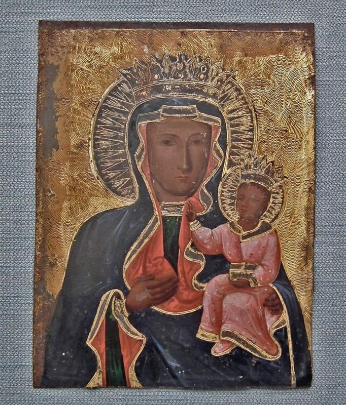 Antique Polish Painting Icon Of Black Black Madonna Of Czestochowa Queen of Poland 18th Century