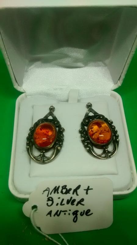 Antique Silver & Amber Earrings, Art Deco Circa 1920's