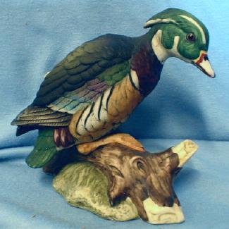 old Lefton WOOD DUCK on tree stump  - Vintage Bisque China - pottery