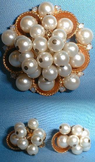 TREMBLER Brooch & Earrings - Pearl & Rhinestone Costume Jewelry