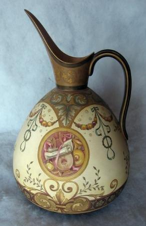 Doulton Burslem Snakeskin Tapestry EWER ~ Artist Signed Decorated with Musical Instruments -  Huge Art Pottery porcelain