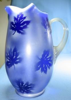 Cobalt Blue Frosted Art Glass Pitcher and 6 Tumblers