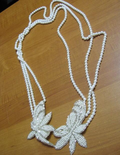 Costume Jewelry Opera Length Faux PEARL Necklace with Beaded FLOWERS - Vintage Costume Jewelry