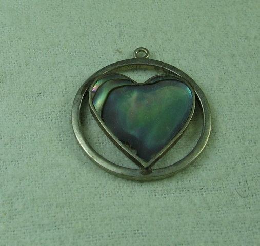 Mexico Silver & ABALONE HEART Shaped Pendant  - Vintage  Estate Jewelry