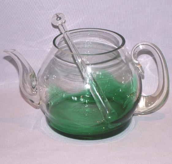 Teapot Shaped Green / Clear Glass Pitcher w/ Glass Stirrer