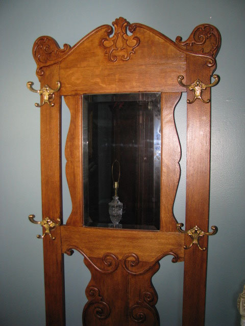 Tiger Oak Hall Tree Bevelled Mirror and Carvings