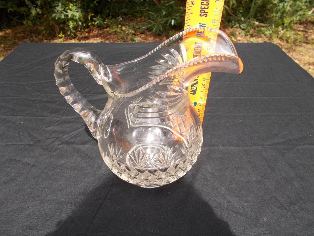 Antique English Cut Glass Pitcher with notched handle and rim. Geo IV