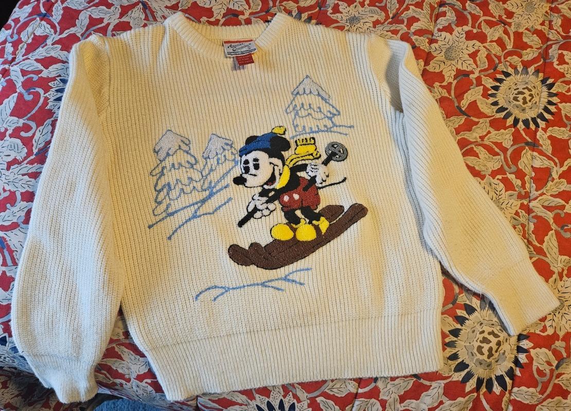 Skiing Mickey Mouse Sweater American Characters Trademark Walt Disney Productions Retro Garment Made in Korea Manufacturer Tag