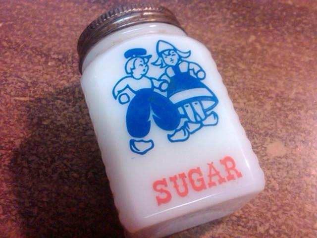 HOLLAND BOY DUTCH GIRL SUGAR SHAKER CABINET JAR KITCHEN UTENSIL