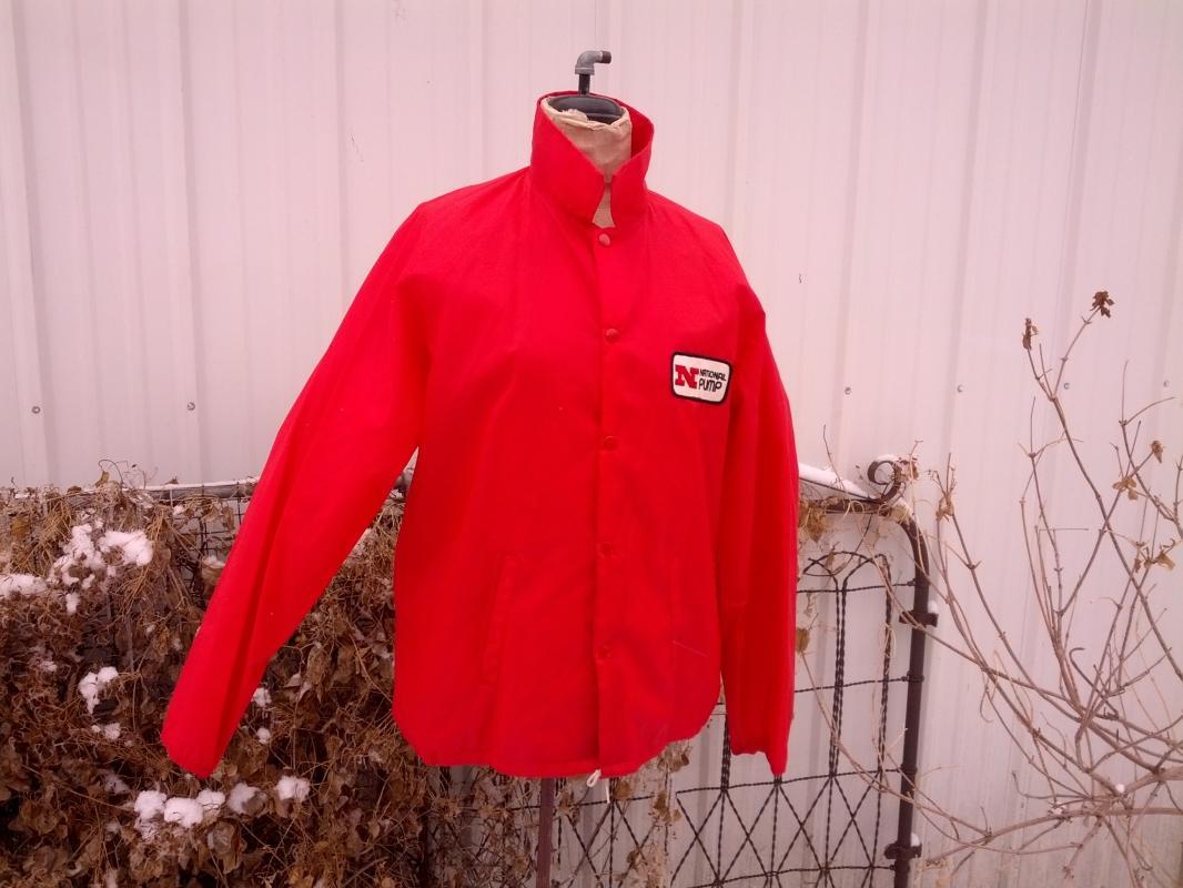 retro red windbreaker jacket snap style lightweight coat national pump sewn on patch big n advertising garment apparel