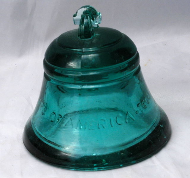 TELEPHONE PIONEERS of AMERICA GLASS BELL PAPERWEIGHT RARE AQUA BLUE COLOR