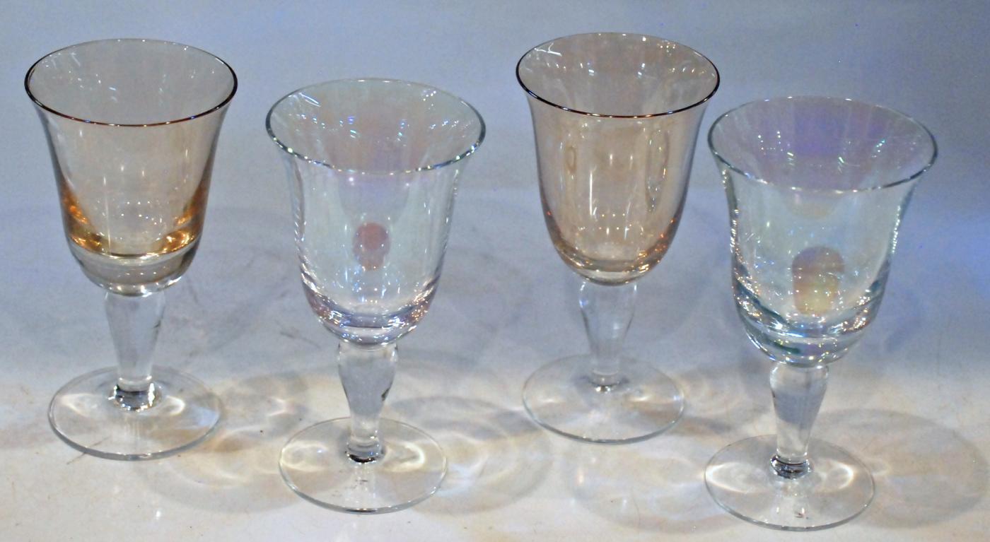 Iridescent Colored Cordials  Stem Glasses x 4 blue and amber
