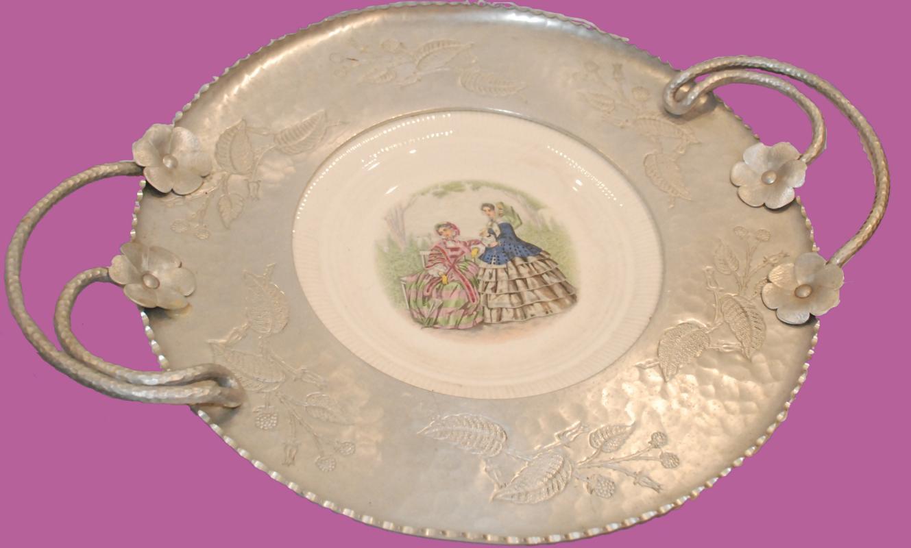 Hand Hammered Wrought Farberware Brooklyn Ny With Inserted China Plate Platter Tray