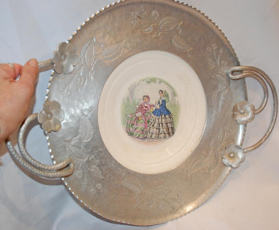 Hand Hammered Wrought Farberware Brooklyn Ny With Inserted China Plate Platter Tray