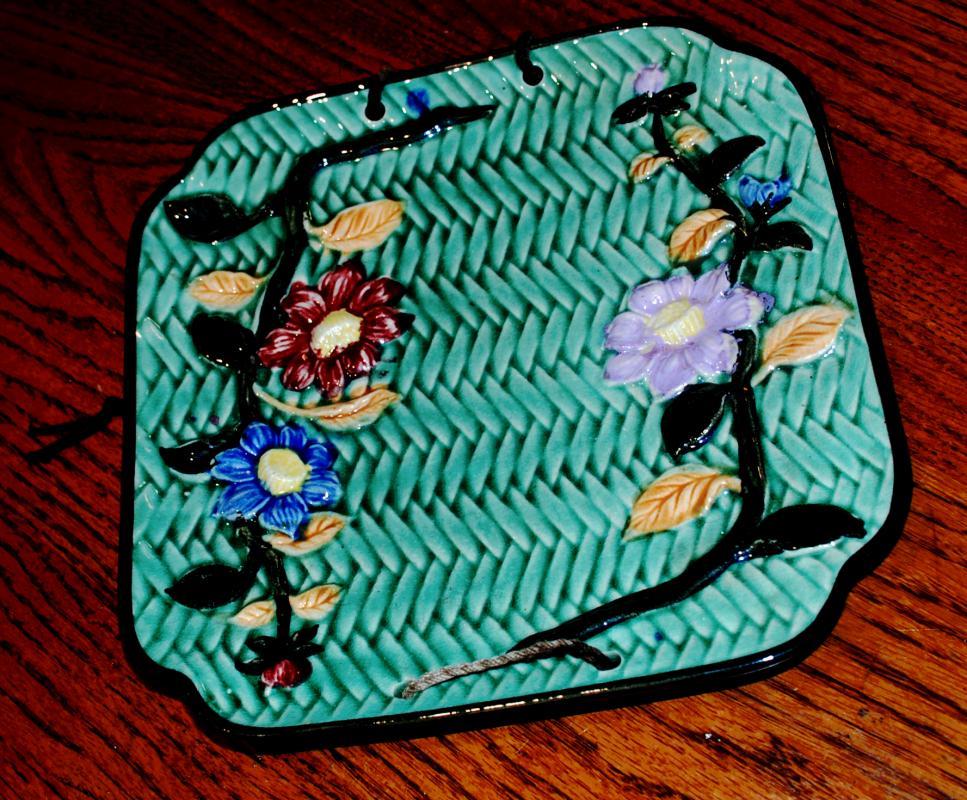 Majolica  Square Wall Plate with Basket Weave & Morning Glory marked Japan