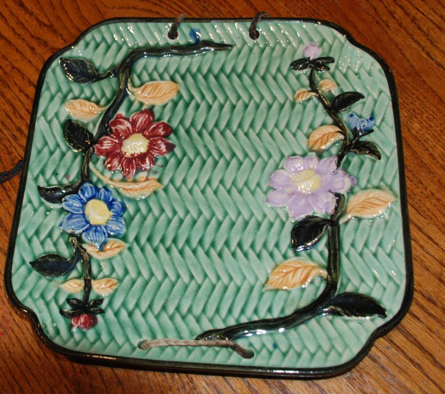 Majolica  Square Wall Plate with Basket Weave & Morning Glory marked Japan