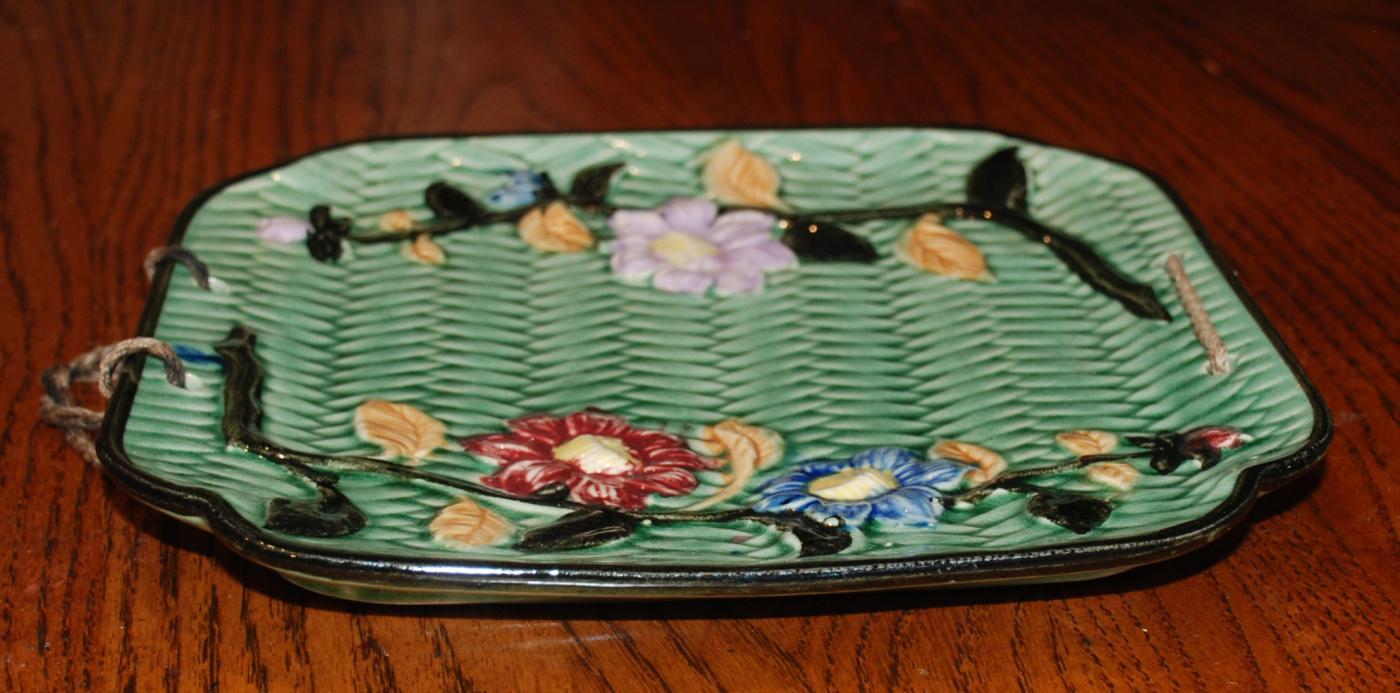 Majolica  Square Wall Plate with Basket Weave & Morning Glory marked Japan